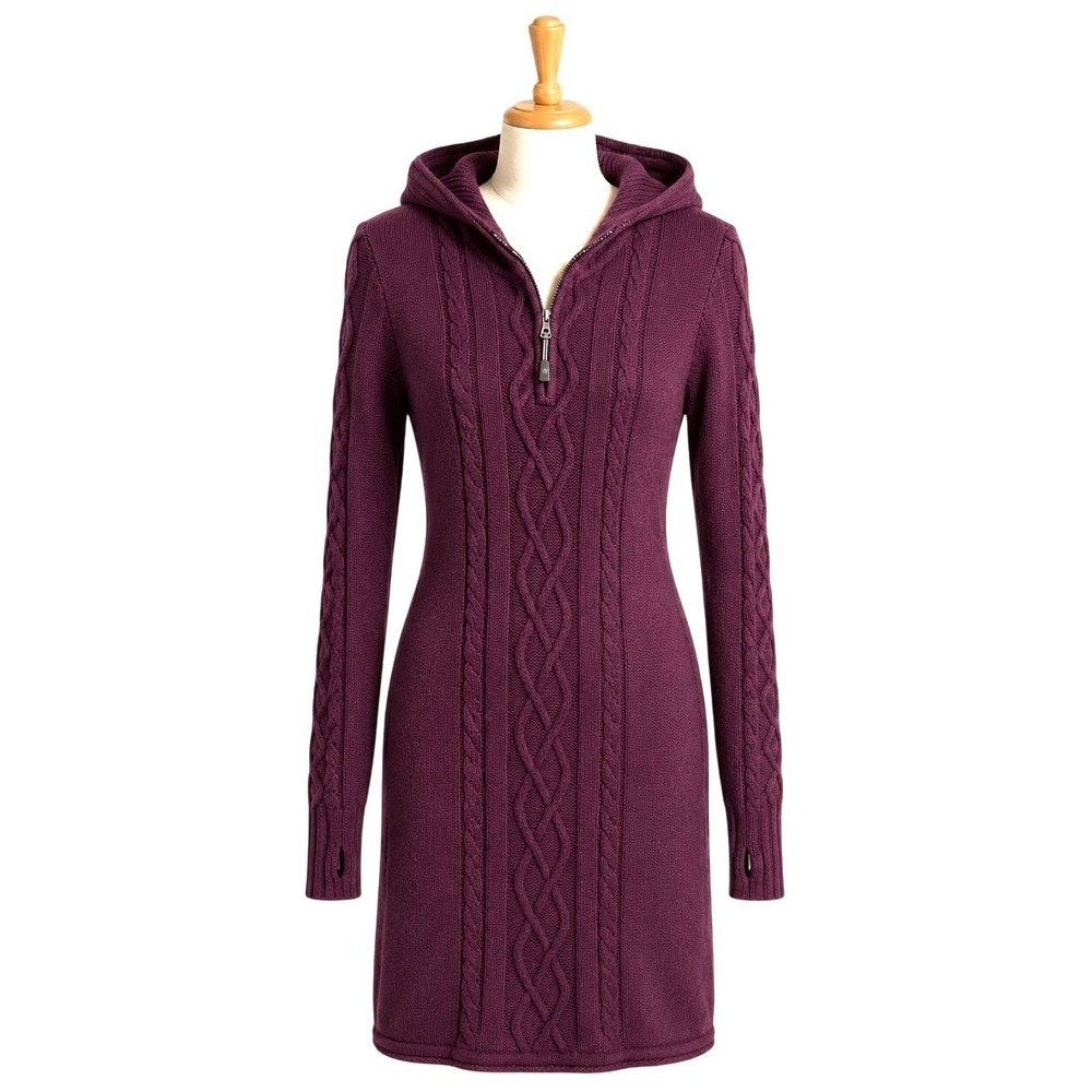 Athleta Hut To Hut Hoodie Dress M Grape Jam Cable Knit Cotton Cashmere 791410